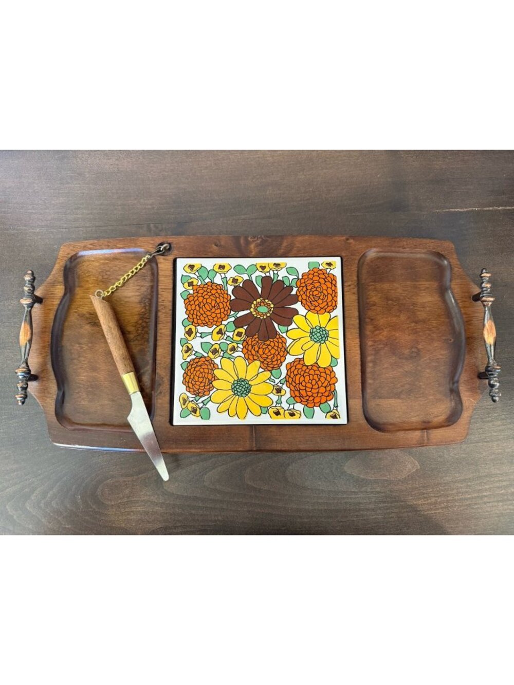 Vintage Gail Craft Wooden Cheese Board  Floral Center Trivet and Knife 1970's